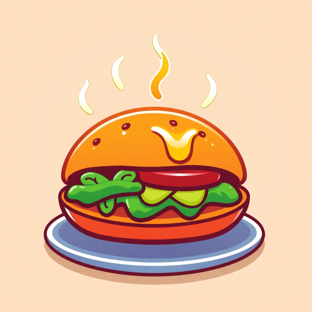 The image shows a cartoon hamburger on a plate with flames coming out of it. The hamburger is brightly colored with a variety of toppings, including lettuce, tomato, and cheese. The plate is white and the background is a light blue.