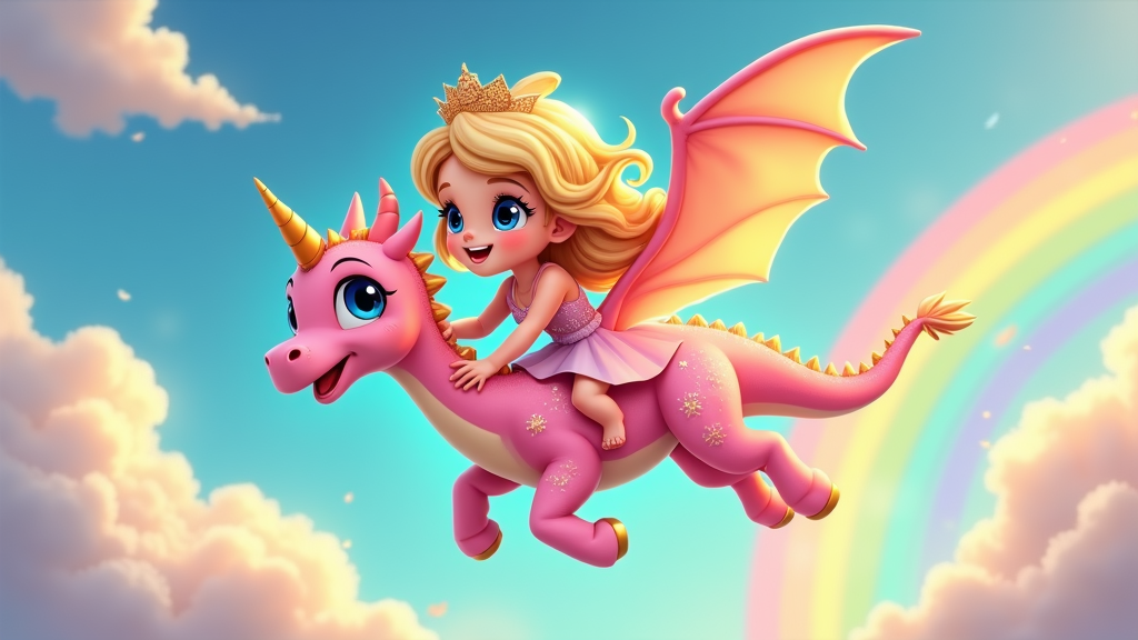 A chibi princess flying on a magical, pastel-colored creature, like a unicorn or a dragon, with a bright, sunny backdrop. The image conveys a sense of freedom and excitement.