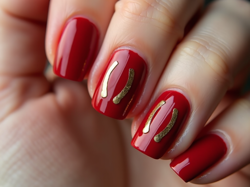 Chic Thanksgiving nails painted deep red with a strategically placed golden wishbone for an elegant twist on tradition.