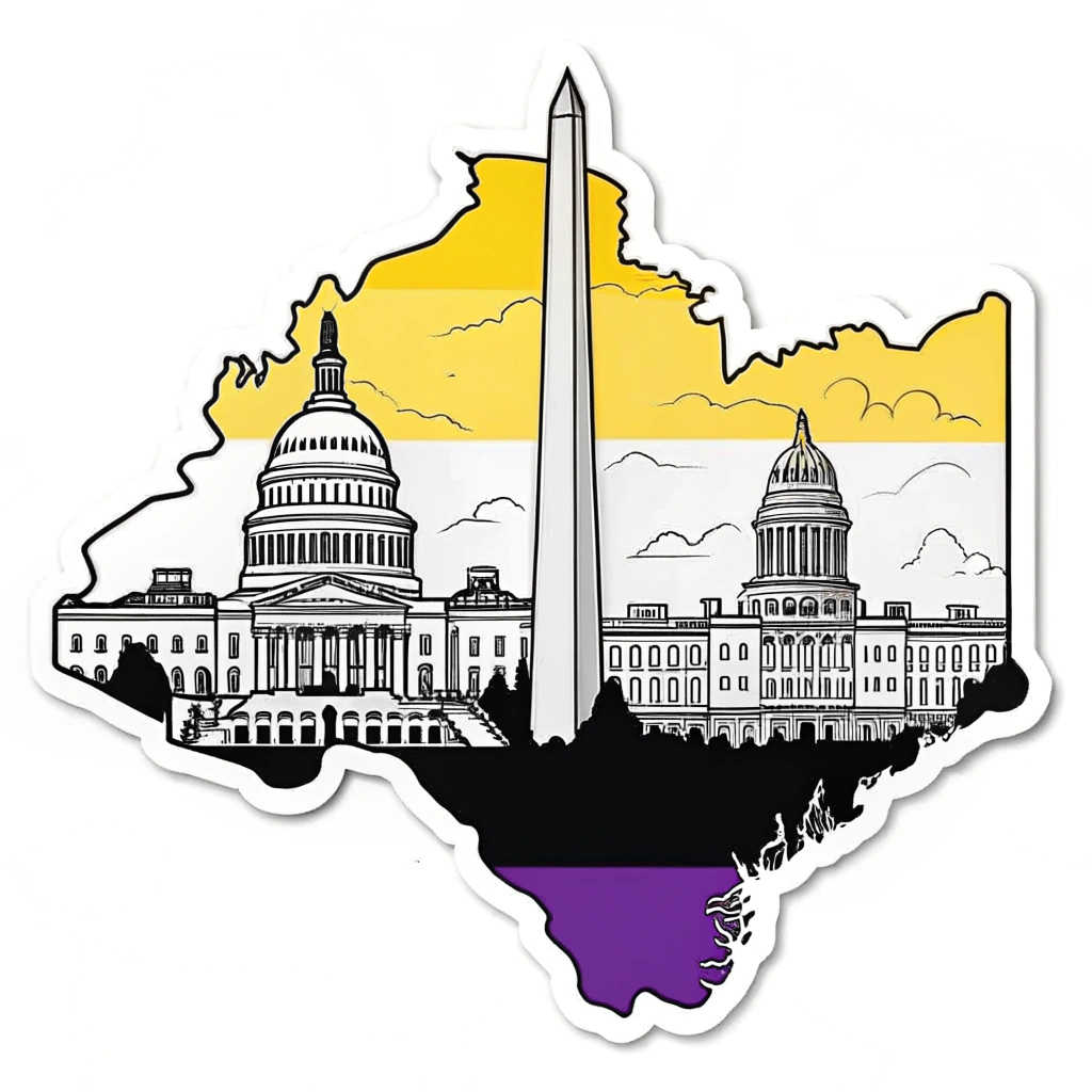 Sub-Design Idea 5: A dynamic, abstract representation of the D.C. skyline (featuring outlines of key landmarks) segmented into sections, each filled with one of the colors of the Non-binary Pride flag (yellow, white, purple, black).