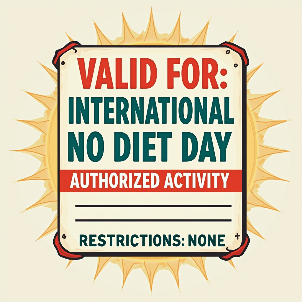 A design styled like an official 'permit' or 'license to feast'. Text includes 'VALID FOR: International No Diet Day', 'AUTHORIZED ACTIVITY: Feast Mode', 'RESTRICTIONS: None'.