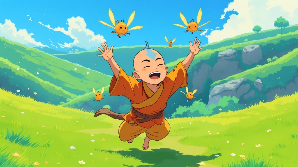 Aang playfully riding the dragonfly-bunny creatures across the grassy plains, highlighting a moment of lighthearted adventure in his journey.