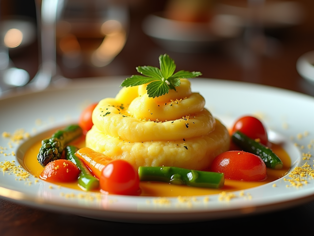 A vibrant display of mashed potatoes with saffron seasoning, captured alongside vividly colored vegetables in a fine-dining environment.