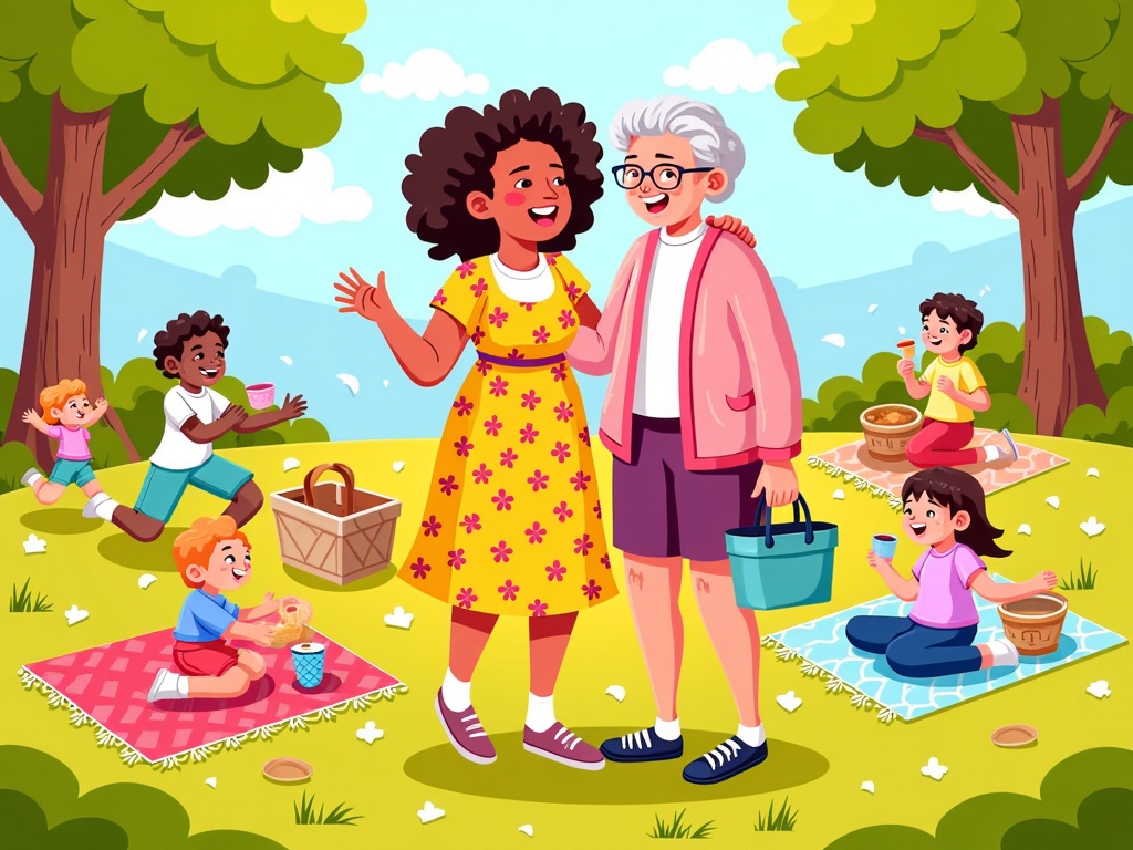  an elderly woman and a young girl having a picnic in a park. The woman is wearing a yellow dress with pink flowers and has curly hair. She is standing next to an older woman with white hair and glasses, who is holding a blue bucket. They are both smiling and appear to be enjoying the picnic.  There are six children around them, two boys and two girls, sitting on a pink and blue blanket spread out on the grass. They all have picnic baskets and plates of food in front of them. The children are also smiling and seem to be having a great time. The background shows trees and a blue sky with white clouds. The overall mood of the image is cheerful and happy.