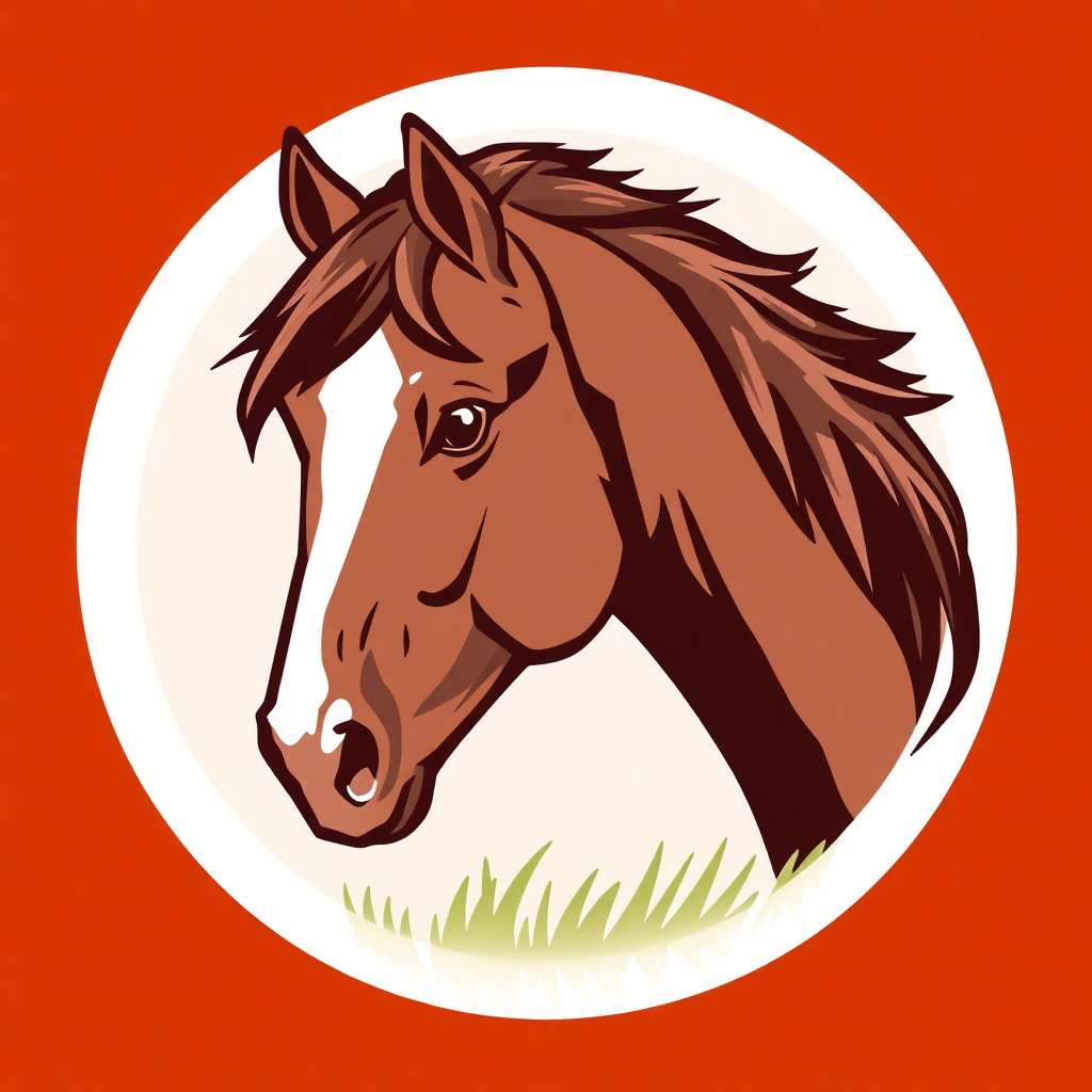 The image is a circular illustration of a horse's head. The horse is brown with a white blaze on its face and a long mane that is flowing in the wind. It is standing on a patch of green grass. The background is a solid orange color. The overall style of the illustration is simple and cartoon-like.