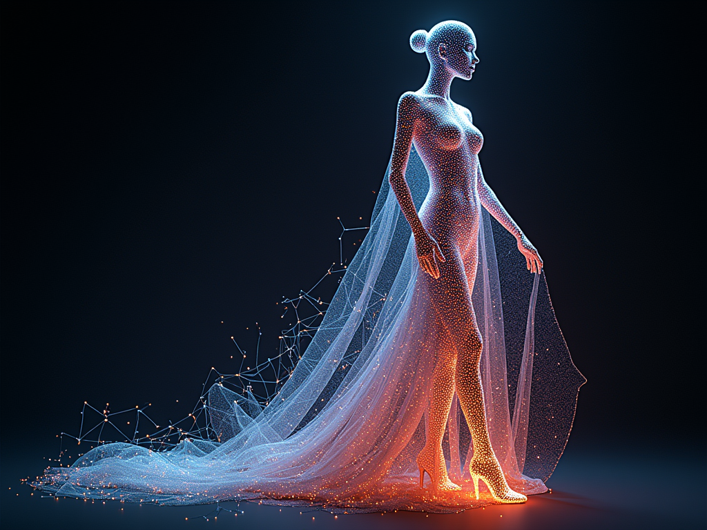 T-shirt Design 2: 'Neural Network Couture' - An abstract representation of a neural network intertwined with elegant fashion silhouettes or fabric textures. The design could have glowing lines and nodes. Text: 'AI Generated Fashion - The Art of the Algorithm'.