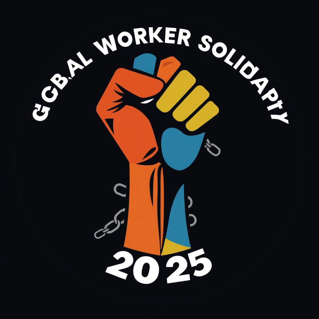 Sub-design Idea 3: An upward-thrusting fist breaking through chains, with the fist itself formed by abstract shapes representing different nations or communities coming together. The text 'Global Worker Solidarity 2025' encircles the image.