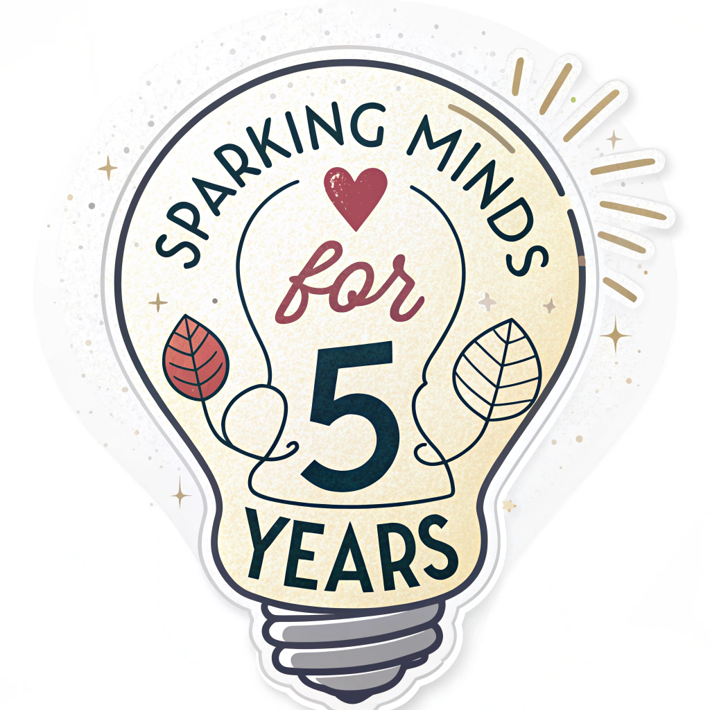 Sticker Design Idea 2: 'Sparking Minds for [Number] Years' - Depicts a stylized lightbulb with its filament shaped like a heart or a subtle brain outline, prominently displaying the years of dedicated service.