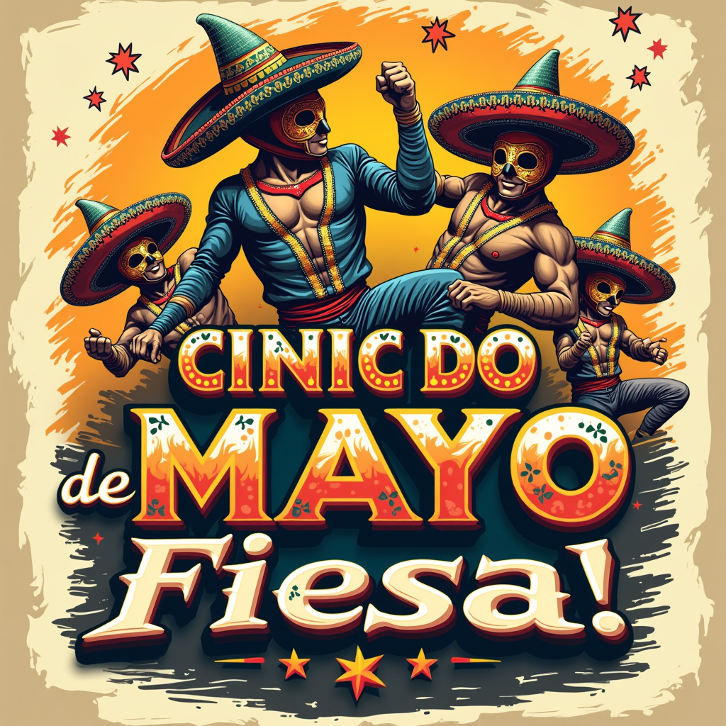 Vintage Lucha Libre Homage: T-shirt resembling an old Lucha Libre poster. Features dynamic luchador illustrations (perhaps with festive elements like sombreros), bold layered typography for 'Cinco de Mayo Fiesta!', starbursts, and an overall distressed, aged paper effect.
