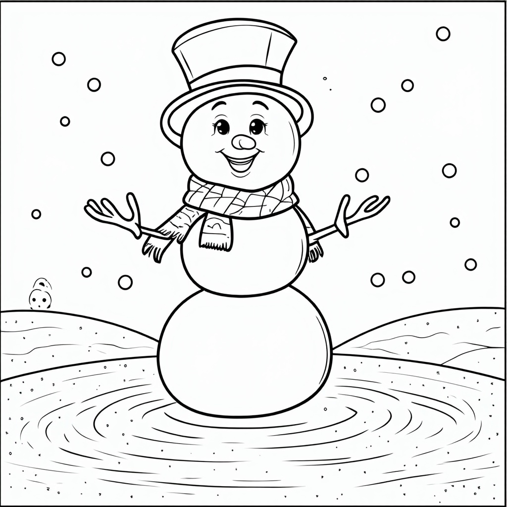 The image shows a snowman with a top hat and scarf, surrounded by a wintery landscape of snowflakes falling from the sky. The snowman is sketched in black and white, with a watermark in the bottom right corner. It is a free printable coloring page, perfect for the winter season.