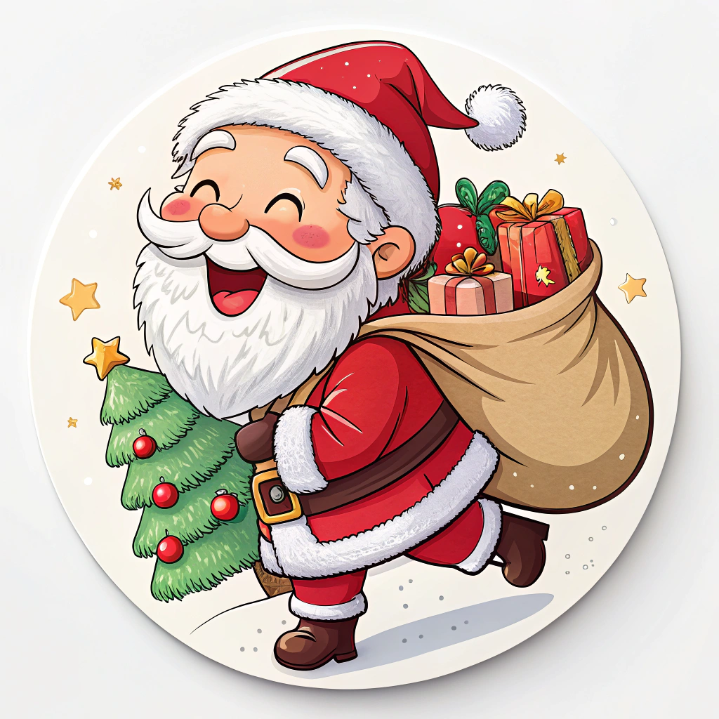 The image shows a cartoon Santa Claus carrying a bag full of presents and a Christmas tree. He is wearing a traditional red and white suit with a black belt and boots. He has a white beard and a jolly expression on his face. The Christmas tree is decorated with colorful ornaments and lights, and the background is a bright white.