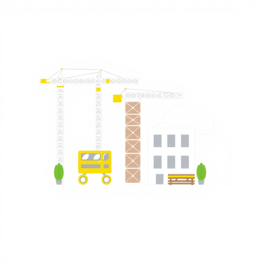 The image is an illustration of a construction site with a yellow crane and a building under construction. The crane is tall and has multiple cranes attached to it, and it appears to be in the process of lifting or moving heavy objects. The building is a two-story structure with a white exterior and a brown roof. There are two potted plants on either side of the crane, one on the left side and the other on the right side. In the center of the image, there is a yellow truck with four wheels, which is likely used for loading or unloading materials. The background is white, and the overall color scheme is bright and cheerful.