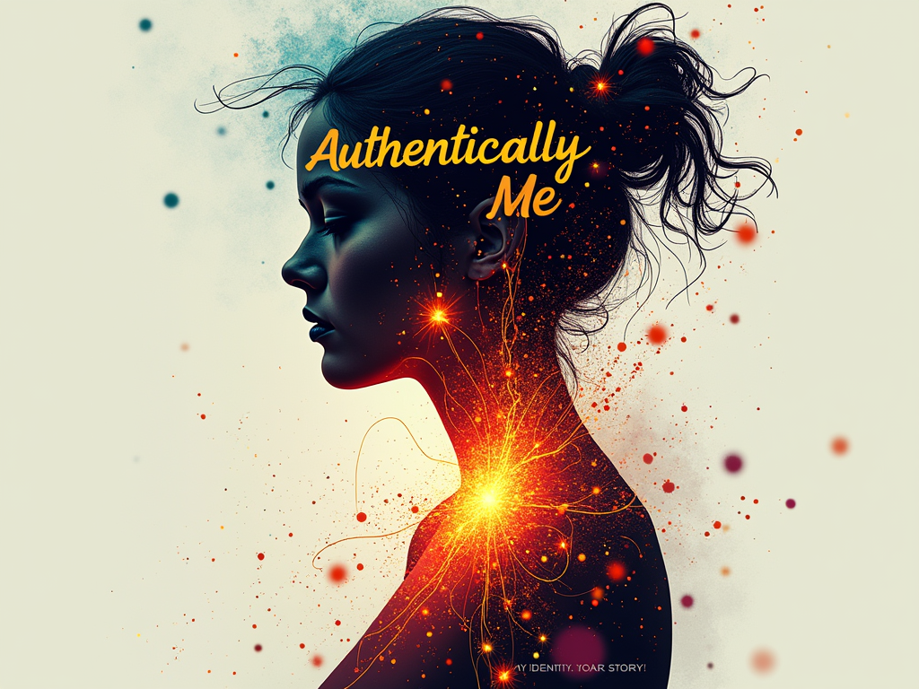 Inner Light Portrait: An abstract or silhouetted human portrait where a vibrant 'inner light' or colorful essence is depicted emanating from the chest or head area, symbolizing authenticity shining from within. This light could be composed of patterns or symbols reflecting individuality. 'Authentically Me' could be styled as a signature, with 'My Identity, My Story' supporting the visual narrative.