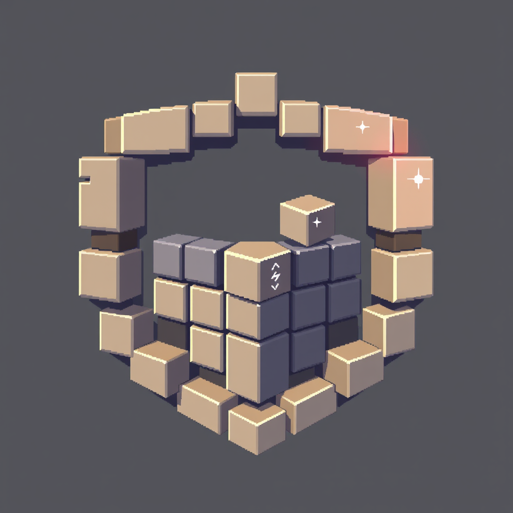 Sub-design Idea 3: Abstract pixelated blocks arranging themselves into a shield or simple fortress outline, some blocks featuring a slight glow or faint circuit-like pattern.