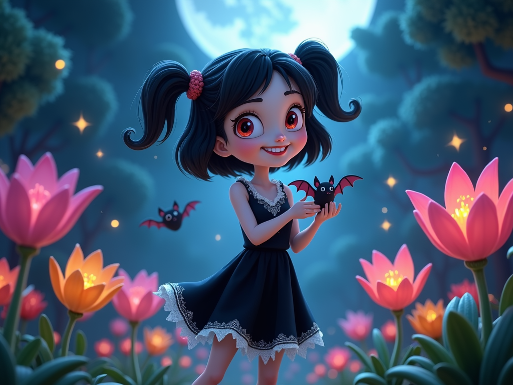 The image is a digital illustration of a young girl with dark hair and red eyes, wearing a black dress with a white lace trim. She is standing in a field of pink and orange tulips with a full moon in the background. The girl is holding a small black bat in her hands and is smiling at the camera. There are two bats flying in the sky above her. The overall mood of the image is peaceful and serene.