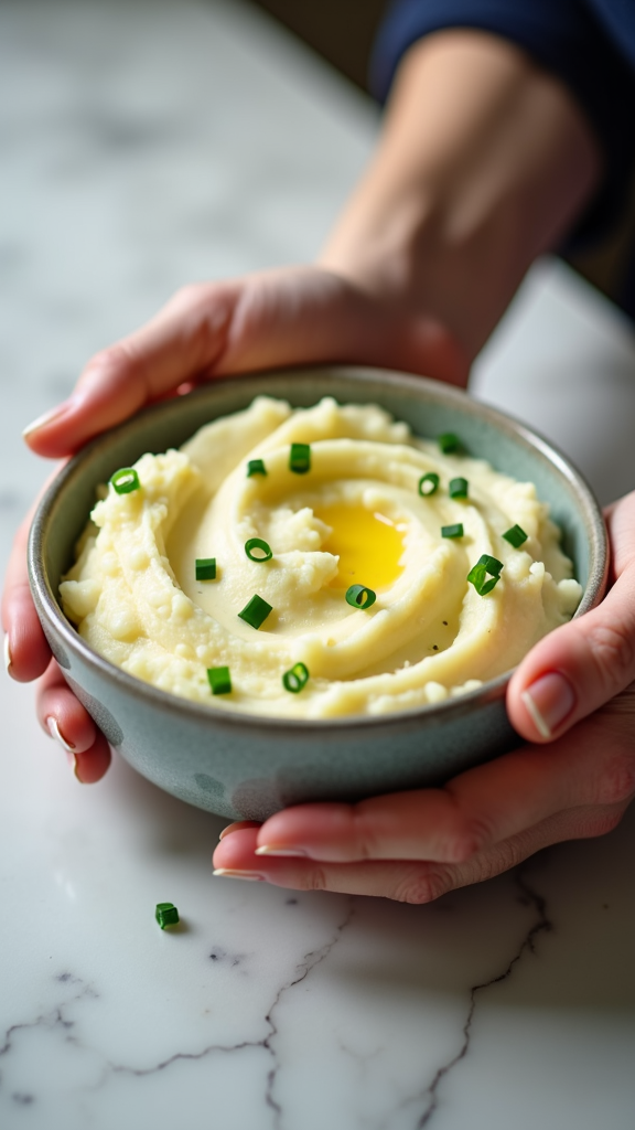 Two hands elegantly holding a bowl of mashed potatoes, with visible slices of chives and a light butter swirl, on a marble countertop.