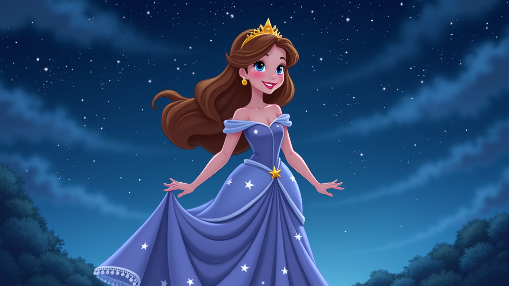 A princess with a flowing gown adorned with star patterns, set against a backdrop of a deep blue, swirling starry sky. She has large, innocent eyes and a gentle smile.