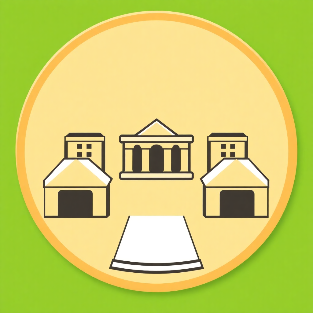 The image is a circular icon with a yellow background and a green border. In the center of the circle, there are three buildings - a building with a dome on top, a building on the left side, and a house on the right side. The buildings are drawn in a simple, cartoon-like style. At the bottom of the image, there is a white rectangle with a curved edge. The overall design is simple and minimalistic.