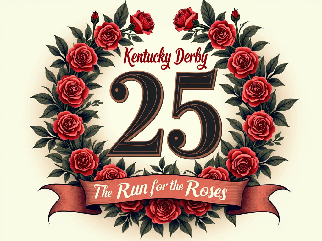Retro Poster Design 3: 'The Rose Garland Champion' - Focus on a richly illustrated Garland of Roses draped over a racing number '25' (for 2025). Vintage poster feel with ornate typography for 'Kentucky Derby' and 'The Run for the Roses'.