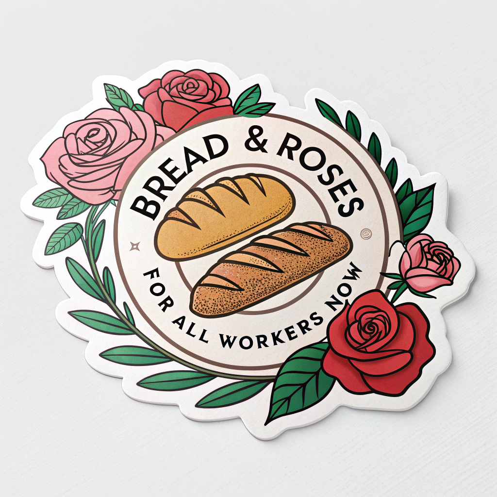 Sub Design Idea 1: Classic Emblem - A design centered around a stylized loaf of bread and a blooming rose, intertwined. 'Bread & Roses' prominently features, with 'For All Workers Now' as a grounding tagline. Earthy tones for bread, vibrant reds/pinks for roses.