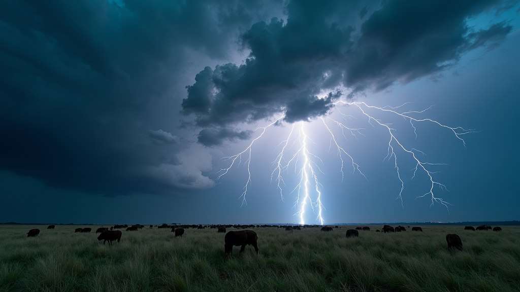 A stunning wallpaper of a thunderstorm rolling through a vast grassland. Bolts of lightning highlight the contours of the roaming herds, casting unusual shadows onto the open terra. The dynamic play of light and shadow conjures an image of energy and life juxtaposed with the strength and unpredictability of the storm.