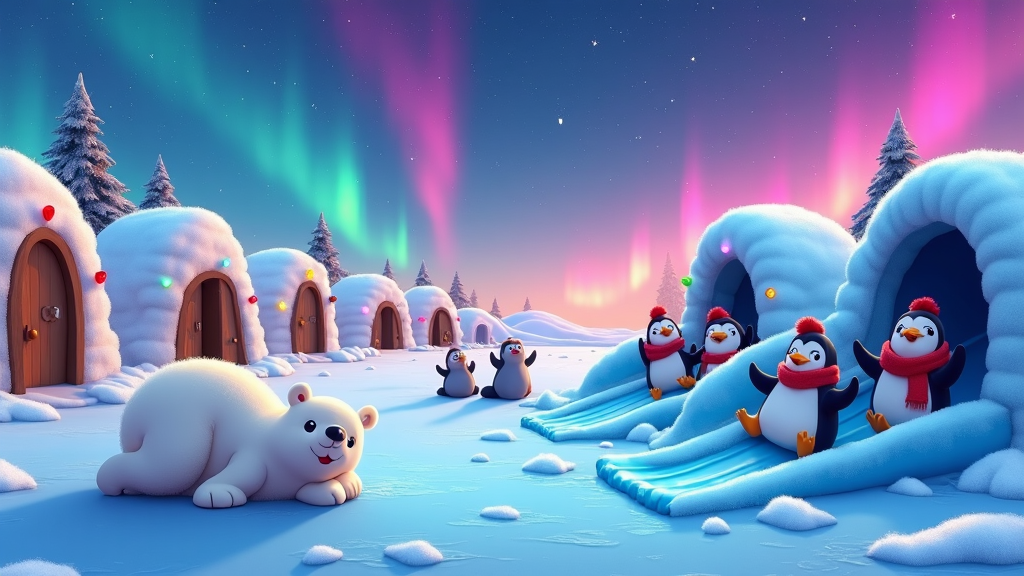 An icy polar scene where cartoon igloos are adorned with colorful lights. Friendly polar bears and seals play on the ice, while penguins slide down frosty slides. The aurora lights dance in the sky, casting a magical glow over this joyful Arctic Christmas celebration.