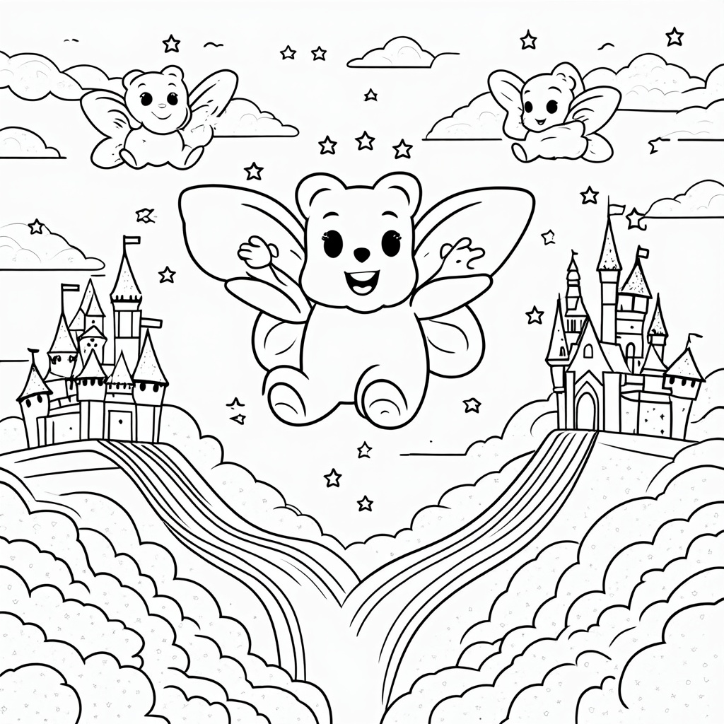 Gummy bears inhabiting a whimsical Sky Kingdom built on fluffy cotton candy clouds, featuring castles made of gingerbread and lollipops, rainbow slides, and gummy bears with translucent wings flying amongst candy stars.