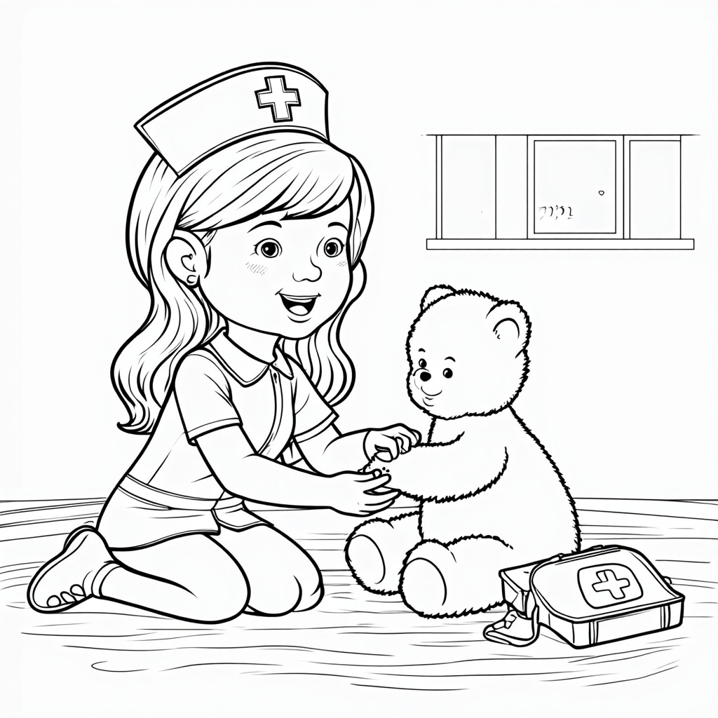 Coloring page depicting a child in a nurse costume carefully applying a bandage from their first aid kit to a teddy bear's arm.