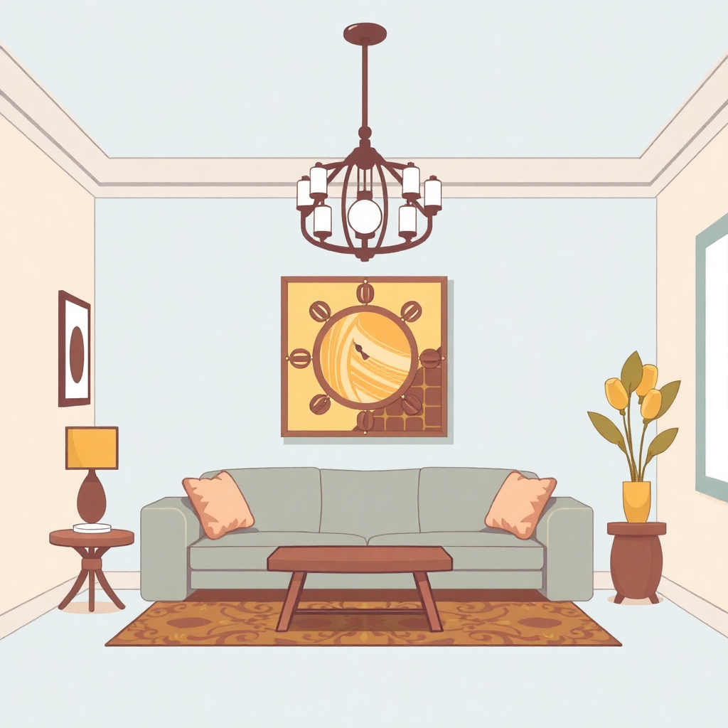 The image is an illustration of a living room with a modern and elegant design. The room has a light blue wall with a large window on the right side, allowing natural light to enter the space. On the left side of the room, there is a gray sofa with orange throw pillows and a wooden coffee table in front of it. Above the sofa, there are two small side tables with lamps on them. On one of the tables, there has a vase with yellow tulips. In the center of the living room, a large circular mirror hangs on the wall. A chandelier with six lights hangs from the ceiling, adding a touch of elegance to the room. The floor is covered with a beige area rug with a floral pattern.