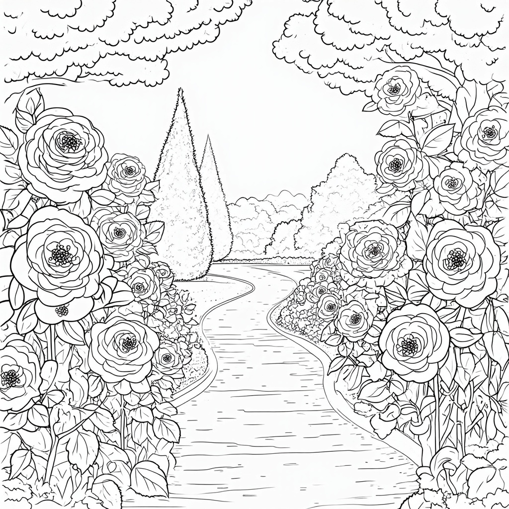 Coloring Page Design 5: A serene pathway winding through the International Rose Test Garden. This page focuses on the detailed beauty of various rose types in full bloom, including intricate petals, leaves, and thorns, possibly with stylized, blank plant tags for a personal touch.
