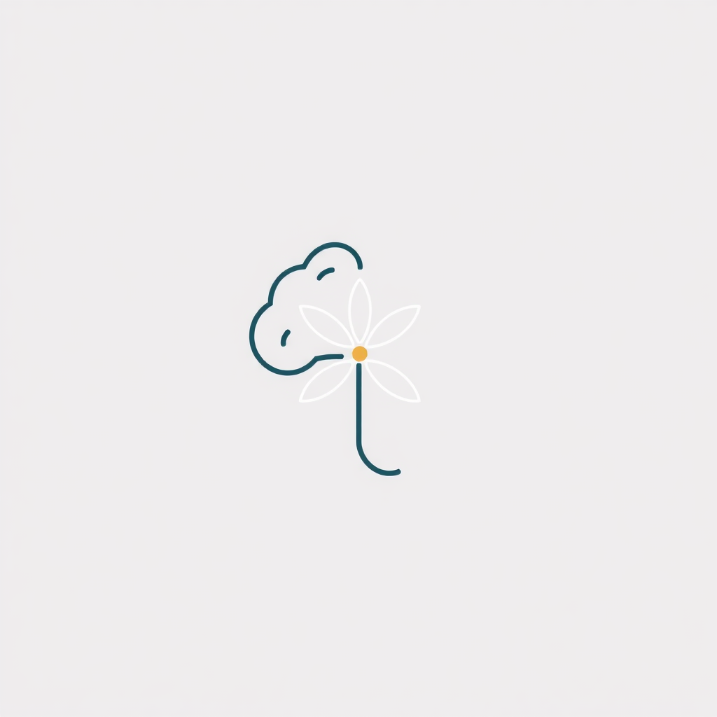 Simple Icon Concept: A minimalist icon combining a single, elegantly curved line that forms part of a brain silhouette on one end and unfurls into a simple, geometric petal or flower shape on the other, symbolizing the direct fusion of AI and nature.