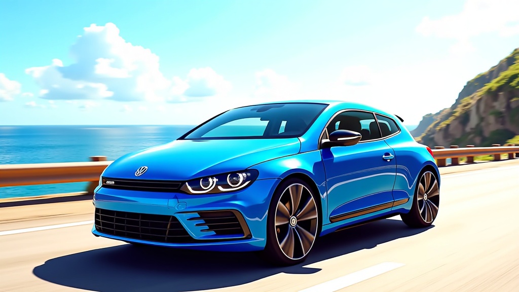  a blue Volkswagen Scirocco sports car driving on a highway near the ocean. The car is in motion, with the front of the car in focus and the background blurred. The sky is blue with white clouds and the ocean is visible on the left side of the image. On the right side, there is a cliff with green vegetation on the top right corner. The road is curved and the car is moving at a high speed, creating a sense of speed and motion. The Volkswagen logo is prominently displayed on the front grille and the wheels are black with silver rims.