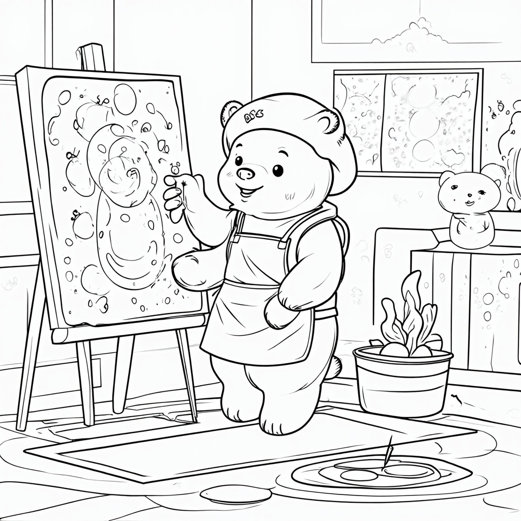 A painter bear in his studio, surrounded by canvases and vibrant paint splotches.