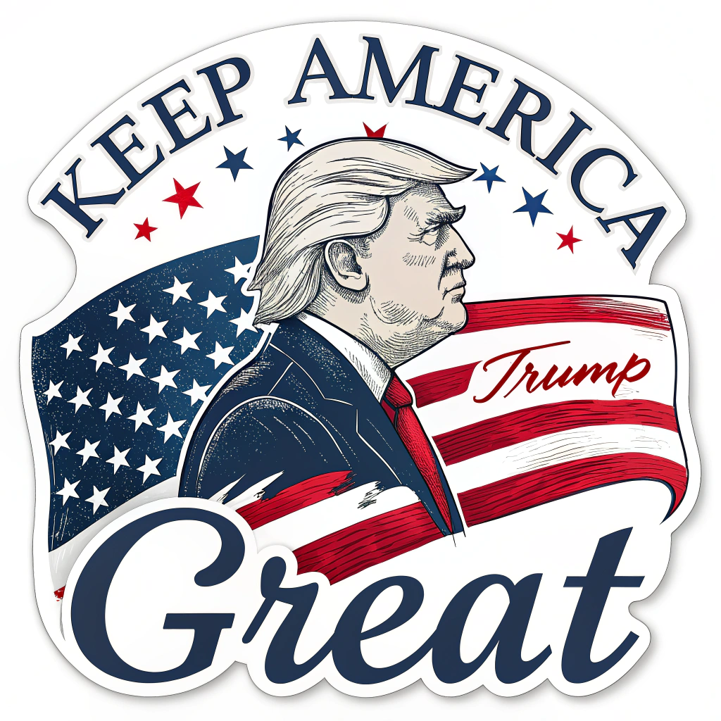 A sticker designed with an American flag backdrop and the 'Keep America Great' slogan prominently displayed, incorporating Trump's signature.