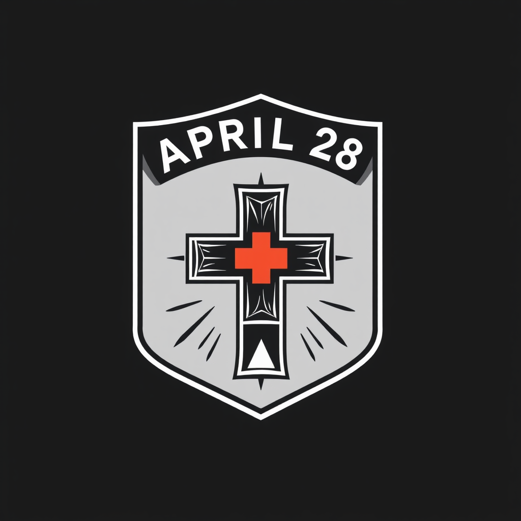 Design a simple badge or shield shape containing 'April 28' text, with the safety cross featured prominently within the badge composition.