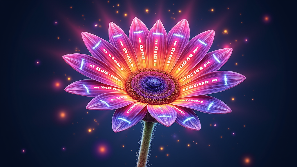 A large, central EDC daisy with intricately patterned petals. The edges of the petals and the stamen/pollen center glow vividly. The PLUR principles (Peace, Love, Unity, Respect) are incorporated as glowing text within the daisy's stem or as an ethereal aura surrounding the bloom.