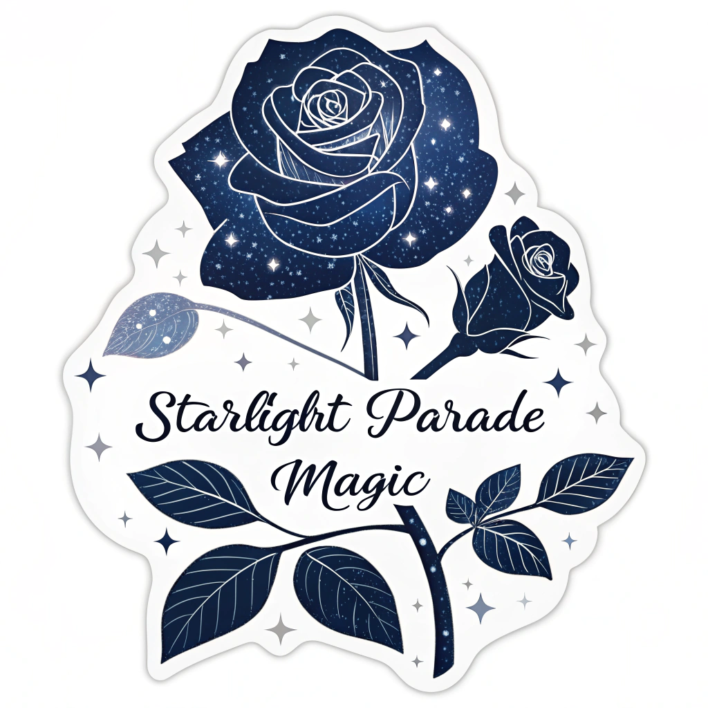 Sub-design Idea 1: A detailed rose silhouette against a sparkling, dark blue night sky, with a few prominent, twinkling stars. The words 'Starlight Parade Magic' in a flowing, elegant script could be below or intertwined.