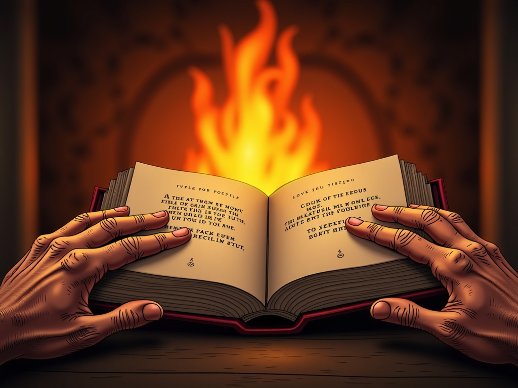 Close-up on weathered hands holding an open, classic poetry book, with the warm, blurred glow of a fireplace in the background.