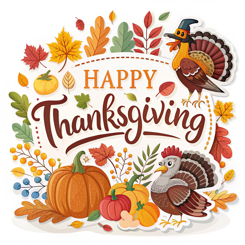 The image shows a happy Thanksgiving card with two turkeys and pumpkins surrounded by leaves and fruits. The card also has text written on it, likely wishing the viewer a happy holiday.