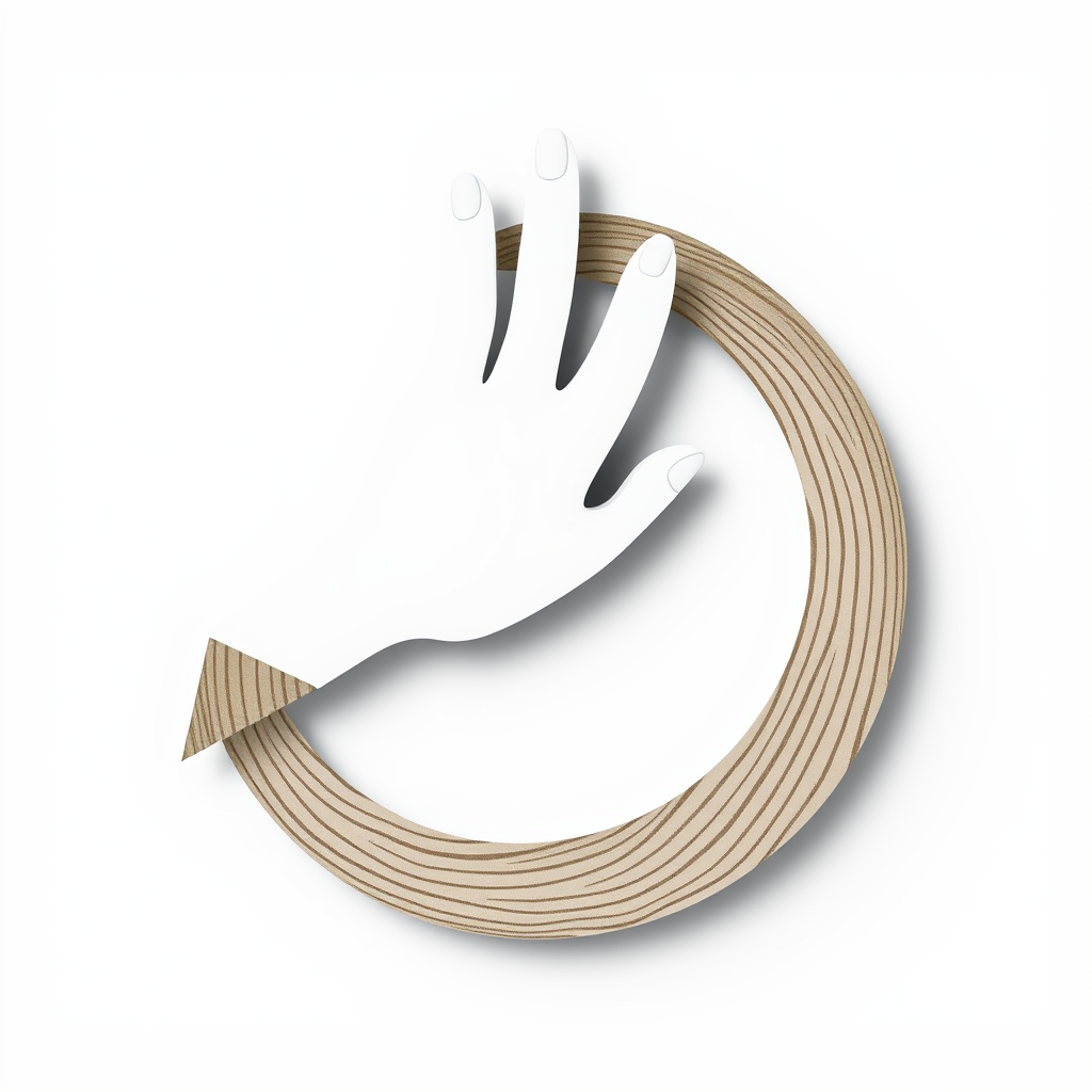 A minimalist design illustrating a human hand gently guiding or completing segment of a circular loop that incorporates subtle natural textures (like wood grain or water ripples), emphasizing active human participation and stewardship in sustainable cycles.