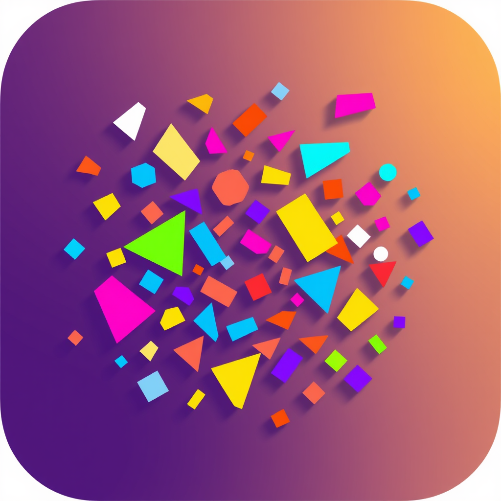 Abstract representation of confetti using geometric shapes and bright colors to create a modern and playful icon.