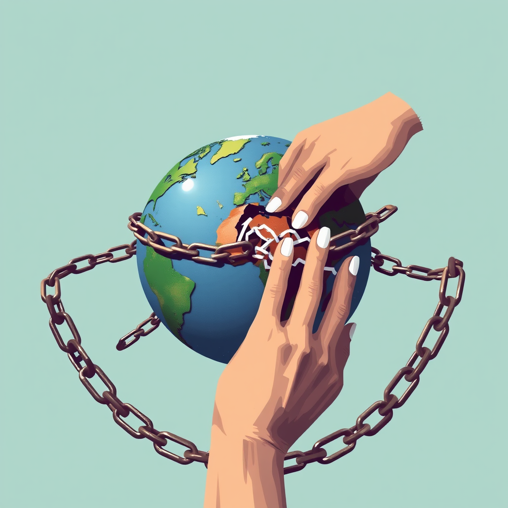 A world globe with chains around it being broken by a female hand.