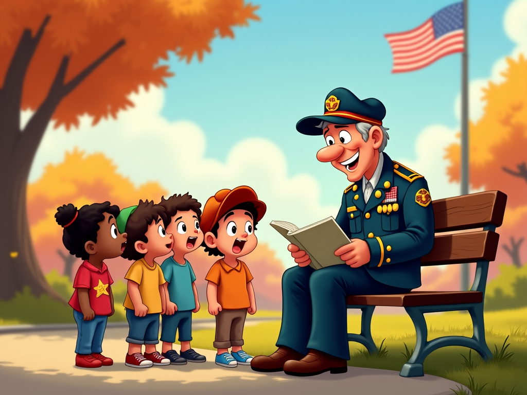 A lively cartoon scene where a cheerful veteran is sitting on a bench in a park, telling stories to an attentive group of children. The kids, of different ethnicities, are dressed in playful outfits, some with caps. Behind them, trees shed autumn leaves, and a flagpole stands tall with the US flag waving in the breeze.