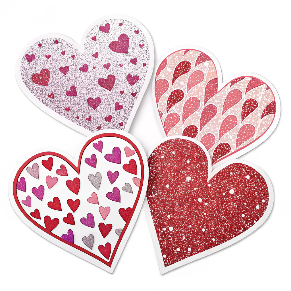 Heart-shaped stickers with different textures (glitter, matte, glossy)