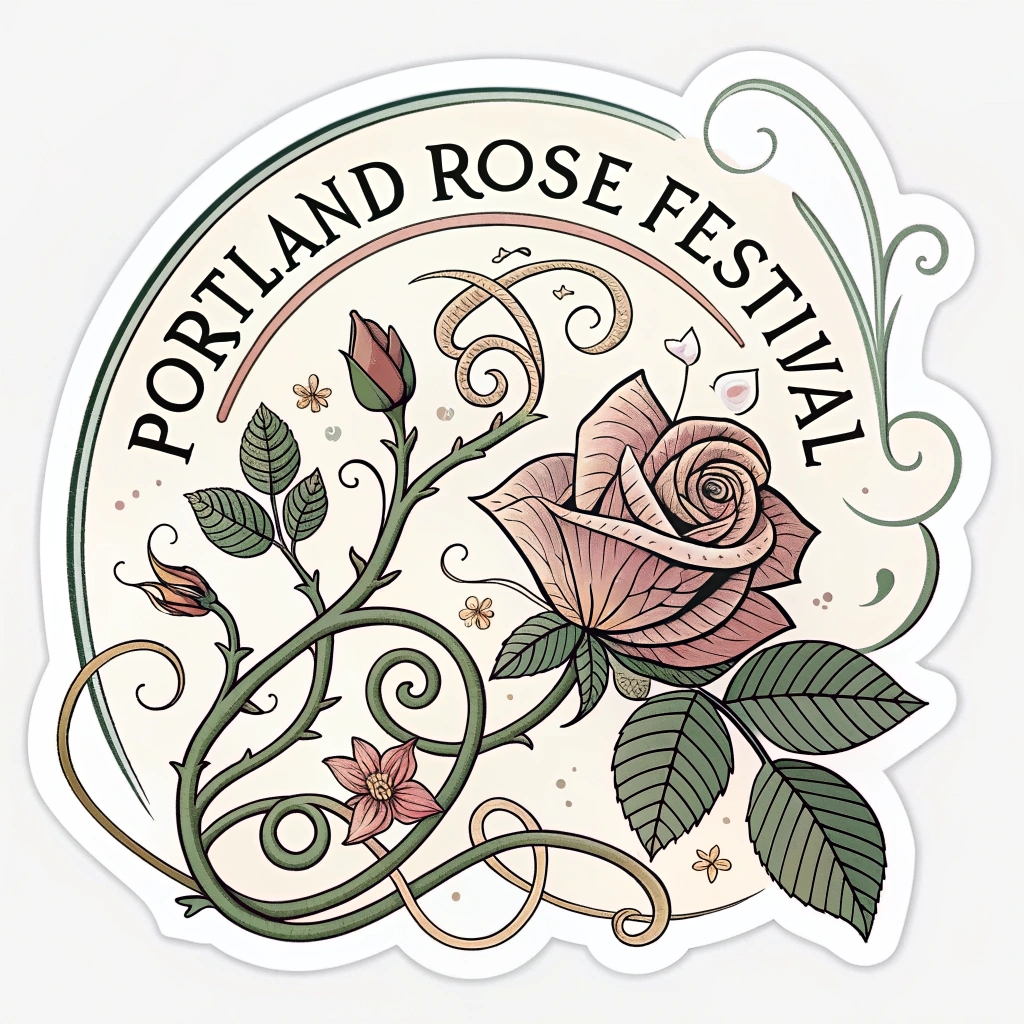 Art Nouveau Elegance: A sticker showcasing an intricately drawn rose with S-curves and whiplash lines typical of Art Nouveau. The rose could be entwined with vines and leaves, forming an ornamental shape. Palette: soft, desaturated colors like sage green, old rose, ivory, and touches of gold. Typography to match the style for 'Portland Rose Festival'.