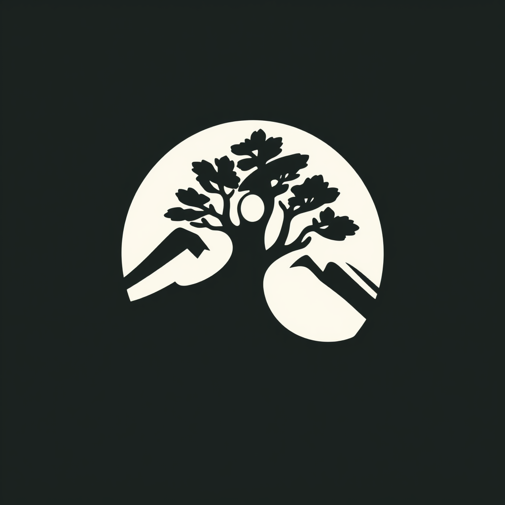 Abstract logo combining a simplified human figure merging with a tree or a mountain silhouette, symbolizing the essential harmony between humanity and nature for sustainability and wildlife protection.