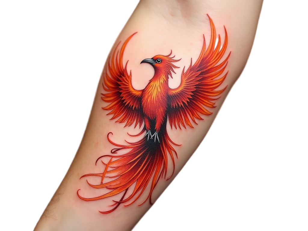 A mystical phoenix tattoo in fiery reds and oranges on an arm, the bird in flight, embodying rebirth and renewal with lavish plumage.