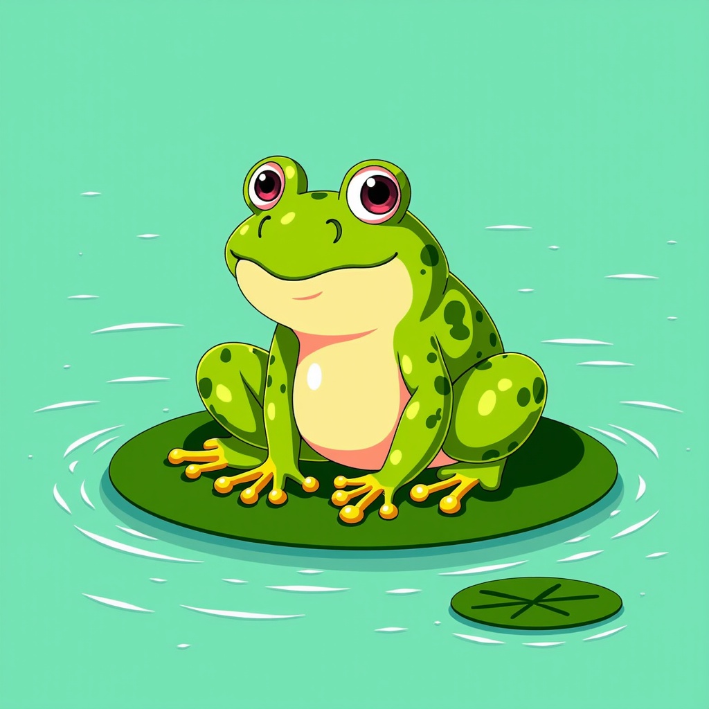 The image is a digital illustration of a green frog sitting on a lily pad in a pond. The frog is facing towards the right side of the image and is sitting on the edge of the water. It has a round body with a pink belly and yellow legs. Its eyes are large and round, and it has a big smile on its face. The background is a light green color, and there are small ripples around the frog and the lily pads. The overall style of the illustration is cartoon-like and playful.