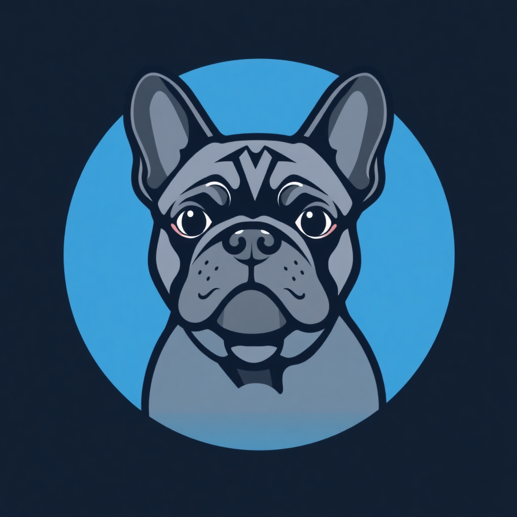 The image is a digital illustration of a French Bulldog's head in a blue circle. The dog's face is in the center of the circle, with its head facing towards the left side of the image. It has a round head with two large ears and a small nose. Its eyes are large and round, and its mouth is slightly open, as if it is looking directly at the viewer. The background is dark blue, and the dog's fur is a light grey color. The overall style of the illustration is simple and cartoon-like.