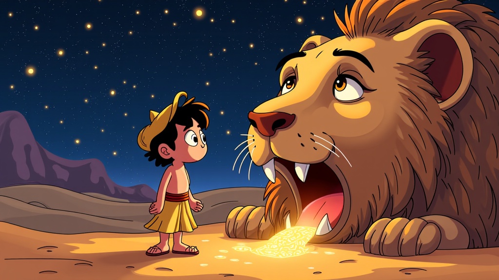 Aladdin, as a diminutive figure, gazes up at the colossal, sand-worn stone lion's head forming the Cave of Wonders. Mystical light and whispers of sand emanate from its gaping maw, set against a vast, star-dusted desert night, emphasizing the cave's grandeur and mystery.
